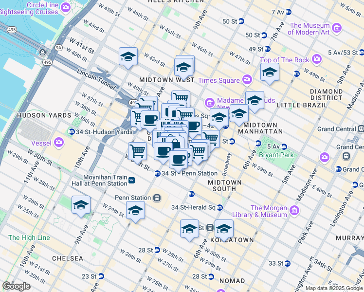 map of restaurants, bars, coffee shops, grocery stores, and more near 247 West 37th Street in New York