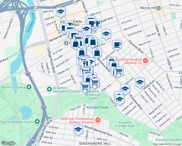 map of restaurants, bars, coffee shops, grocery stores, and more near 42-73 Main Street in Queens