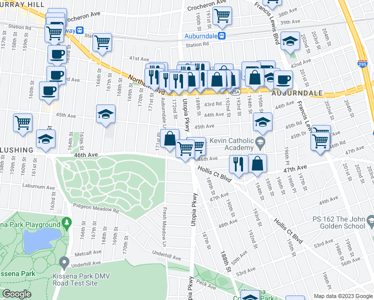 map of restaurants, bars, coffee shops, grocery stores, and more near 45-50 Utopia Parkway in Queens