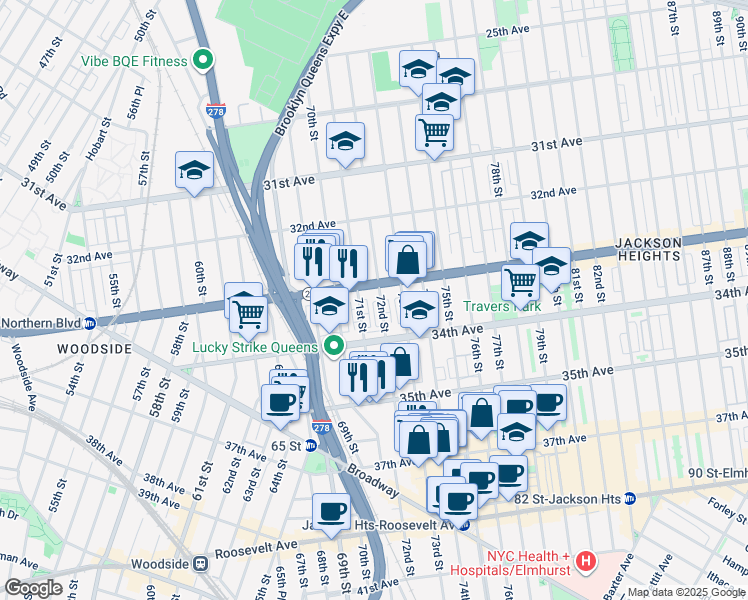 map of restaurants, bars, coffee shops, grocery stores, and more near 33-34 72nd Street in Queens
