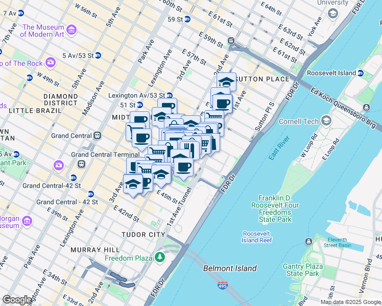 map of restaurants, bars, coffee shops, grocery stores, and more near 320 East 49th Street in New York