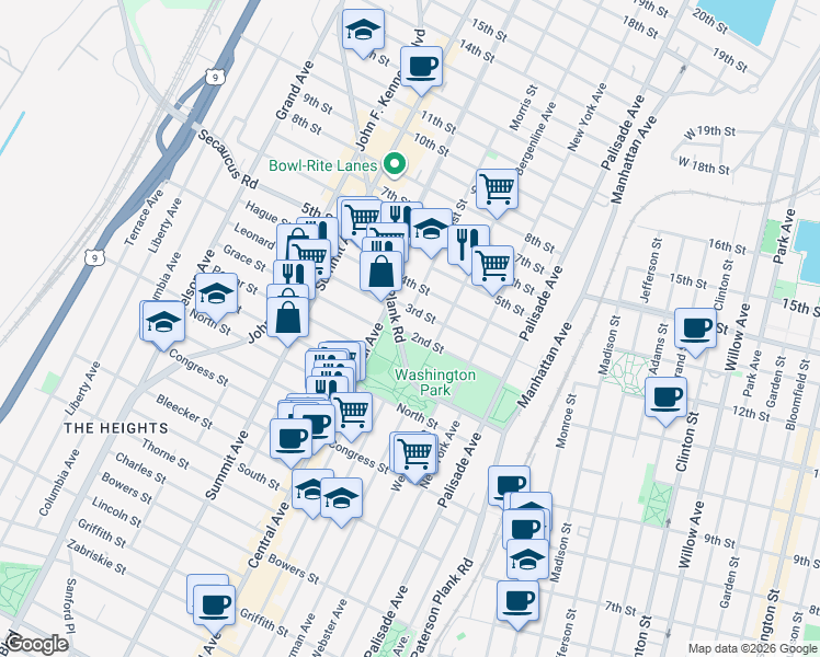 map of restaurants, bars, coffee shops, grocery stores, and more near 518 2nd Street in Union City