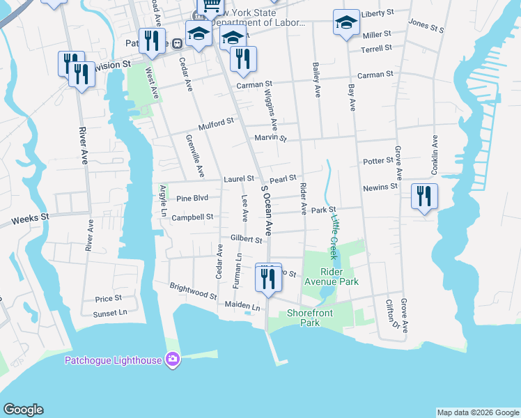 map of restaurants, bars, coffee shops, grocery stores, and more near 444 South Ocean Avenue in Patchogue
