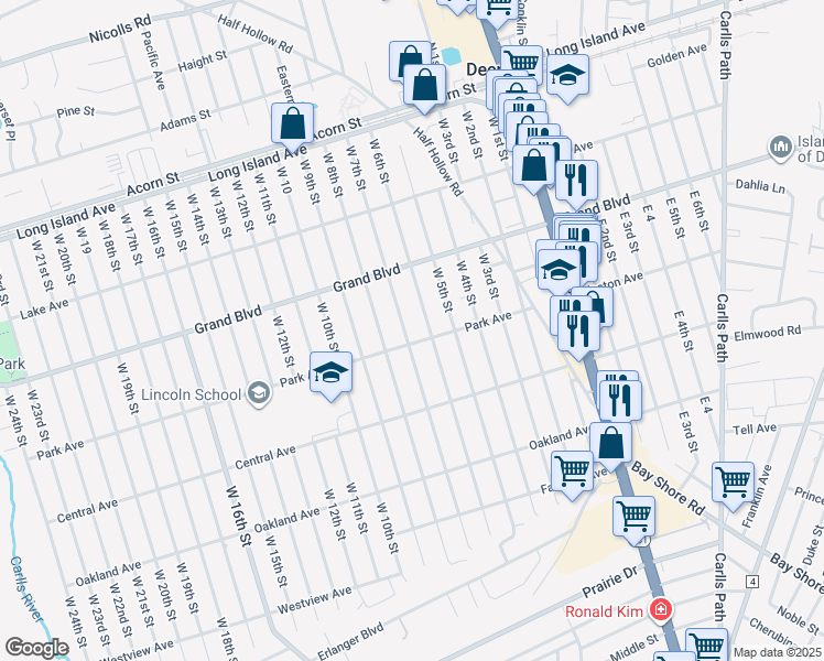 map of restaurants, bars, coffee shops, grocery stores, and more near 193 Park Avenue in Deer Park