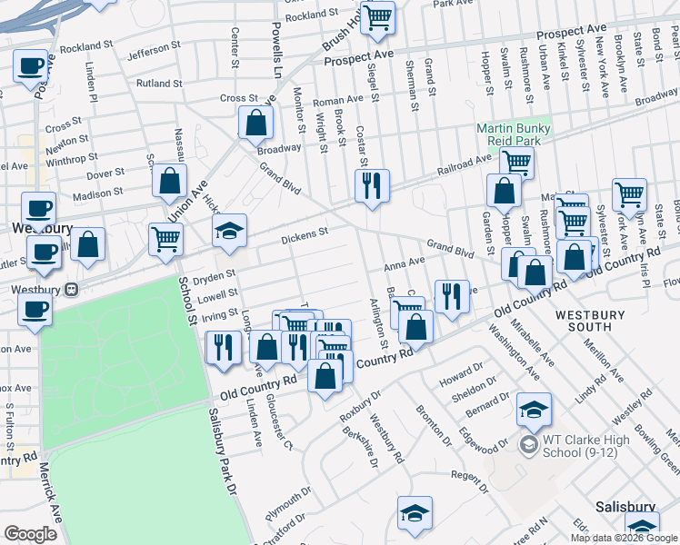 map of restaurants, bars, coffee shops, grocery stores, and more near 676 Irving Street in Westbury