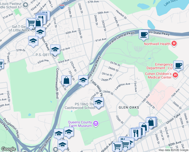 map of restaurants, bars, coffee shops, grocery stores, and more near 68-15 Little Neck Parkway in Queens