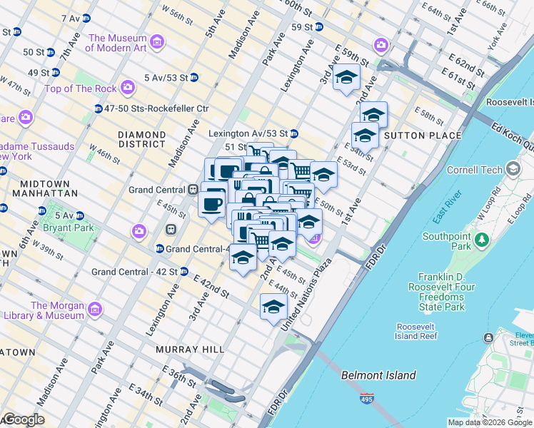 map of restaurants, bars, coffee shops, grocery stores, and more near 240 East 47th Street in New York