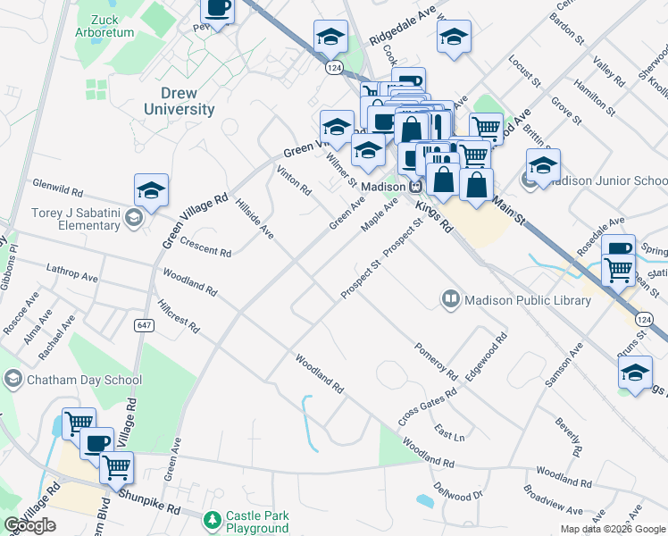 map of restaurants, bars, coffee shops, grocery stores, and more near 56 Hillside Avenue in Madison