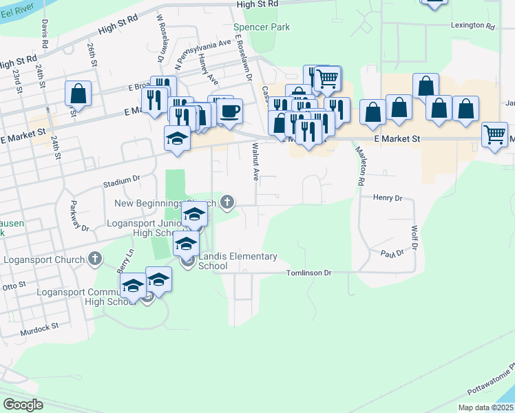 map of restaurants, bars, coffee shops, grocery stores, and more near 3303 Maplewood Drive in Logansport