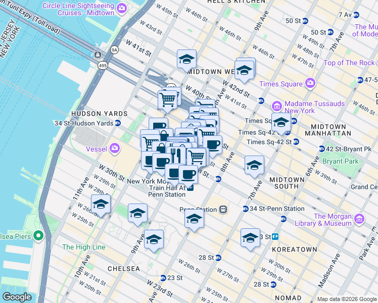 map of restaurants, bars, coffee shops, grocery stores, and more near 9th Ave & W 35th St in New York
