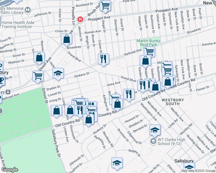 map of restaurants, bars, coffee shops, grocery stores, and more near 39 Barrington Street in Westbury