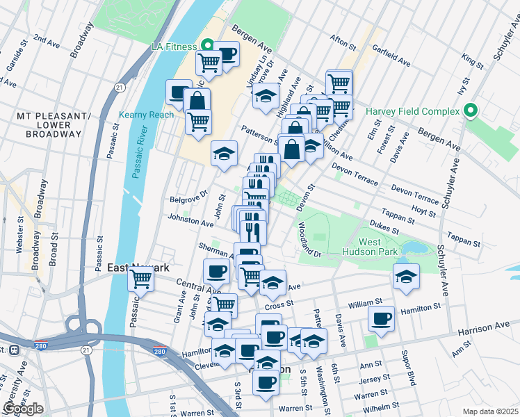 map of restaurants, bars, coffee shops, grocery stores, and more near 23 Kearny Avenue in Kearny
