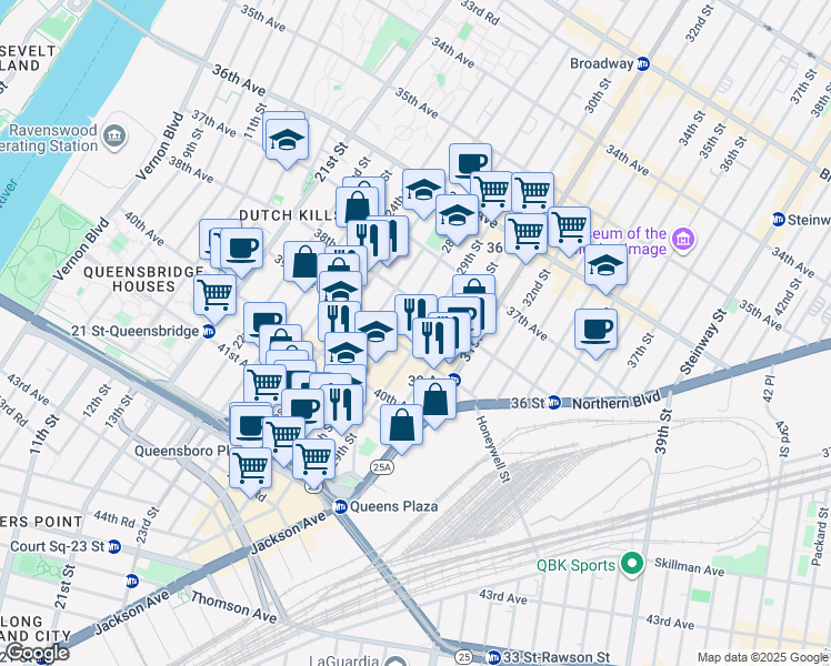 map of restaurants, bars, coffee shops, grocery stores, and more near 39-08 29th Street in Queens
