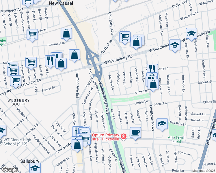 map of restaurants, bars, coffee shops, grocery stores, and more near 60 Admiral Lane in Hicksville