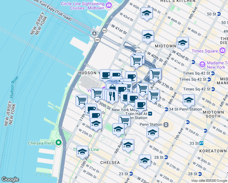 map of restaurants, bars, coffee shops, grocery stores, and more near 500 West 33rd Street in New York