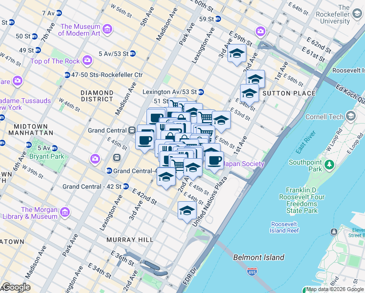 map of restaurants, bars, coffee shops, grocery stores, and more near 212 East 48th Street in New York