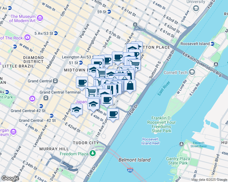 map of restaurants, bars, coffee shops, grocery stores, and more near 340 East 50th Street in New York