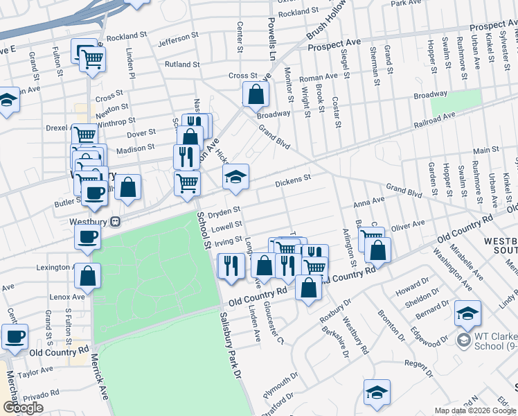 map of restaurants, bars, coffee shops, grocery stores, and more near 582 Dryden Street in Westbury