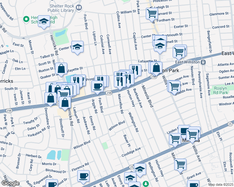 map of restaurants, bars, coffee shops, grocery stores, and more near 528 Liberty Avenue in Williston Park