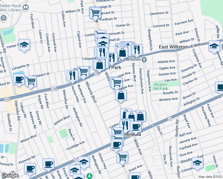 map of restaurants, bars, coffee shops, grocery stores, and more near 387 Willis Avenue in Mineola