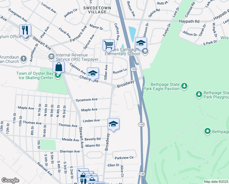 map of restaurants, bars, coffee shops, grocery stores, and more near 630 Broadway in Bethpage