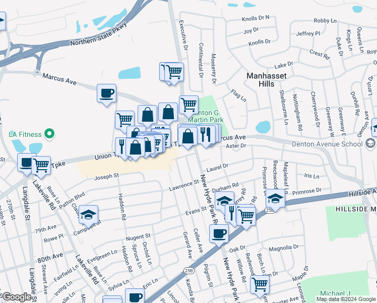 map of restaurants, bars, coffee shops, grocery stores, and more near 2033 New Hyde Park Road in New Hyde Park