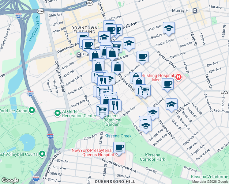 map of restaurants, bars, coffee shops, grocery stores, and more near 42-55 Colden Street in Queens
