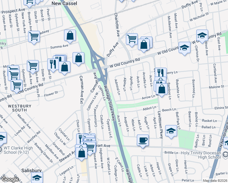 map of restaurants, bars, coffee shops, grocery stores, and more near 60 Admiral Lane in Hicksville