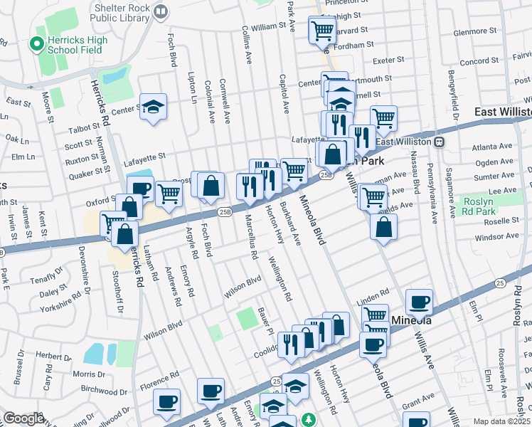 map of restaurants, bars, coffee shops, grocery stores, and more near 19 York Place in Williston Park