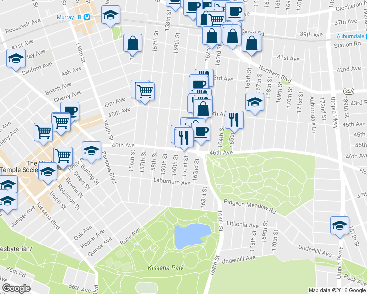 map of restaurants, bars, coffee shops, grocery stores, and more near 4608 161 Street in Queens