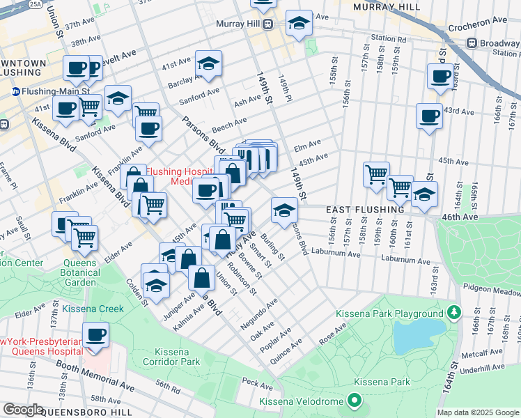 map of restaurants, bars, coffee shops, grocery stores, and more near 146-11 Holly Avenue in Queens