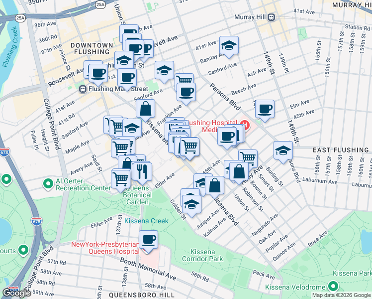 map of restaurants, bars, coffee shops, grocery stores, and more near in Queens