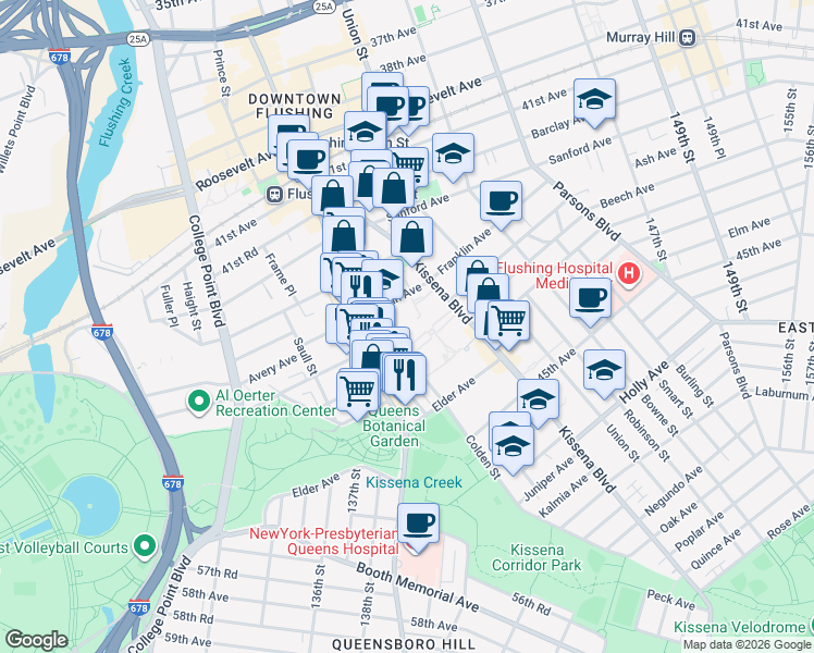 map of restaurants, bars, coffee shops, grocery stores, and more near 42-55 Colden Street in Queens