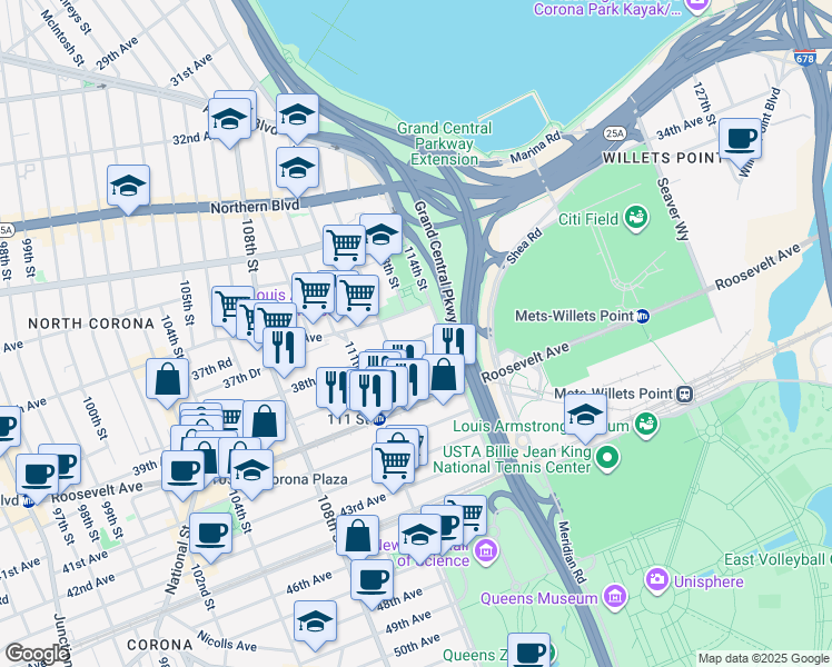 map of restaurants, bars, coffee shops, grocery stores, and more near 112-31 39th Avenue in Queens