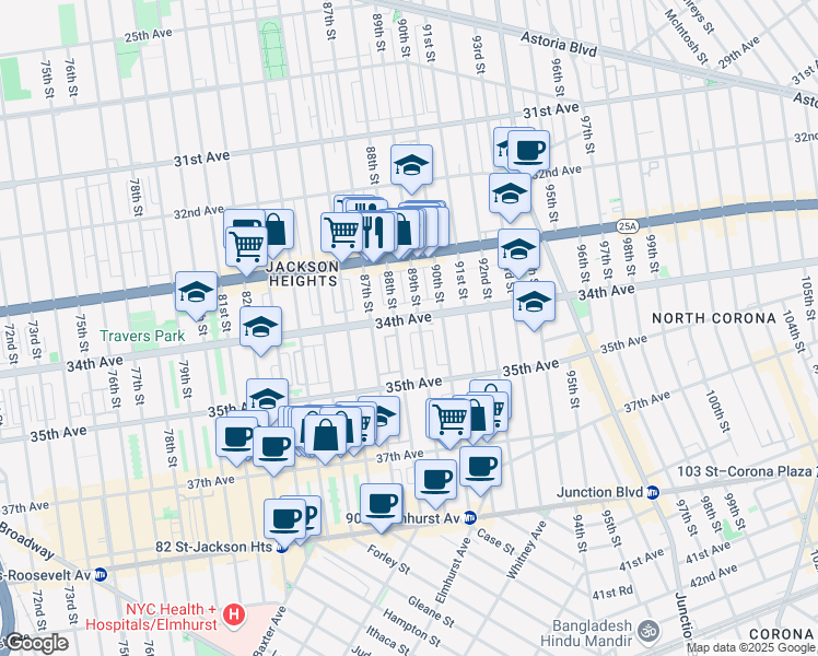 map of restaurants, bars, coffee shops, grocery stores, and more near in Queens