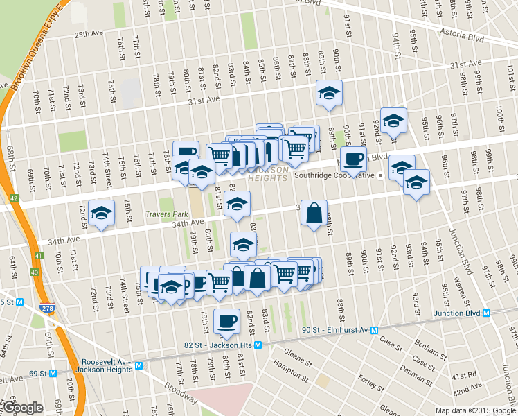 map of restaurants, bars, coffee shops, grocery stores, and more near 34-9 83rd Street in Queens