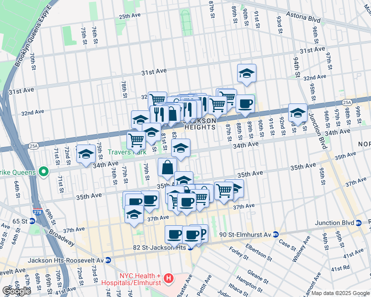 map of restaurants, bars, coffee shops, grocery stores, and more near 34-9 83rd Street in Queens