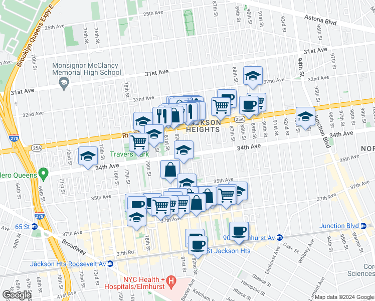 map of restaurants, bars, coffee shops, grocery stores, and more near 34-9 83rd Street in Queens