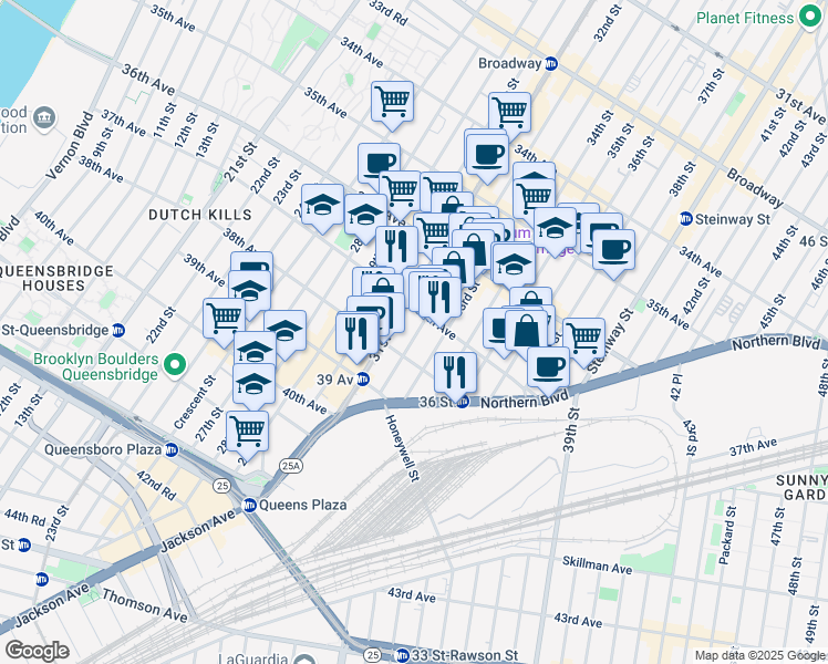 map of restaurants, bars, coffee shops, grocery stores, and more near 37-24 33rd Street in Queens