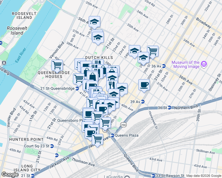 map of restaurants, bars, coffee shops, grocery stores, and more near Crescent Street in Queens