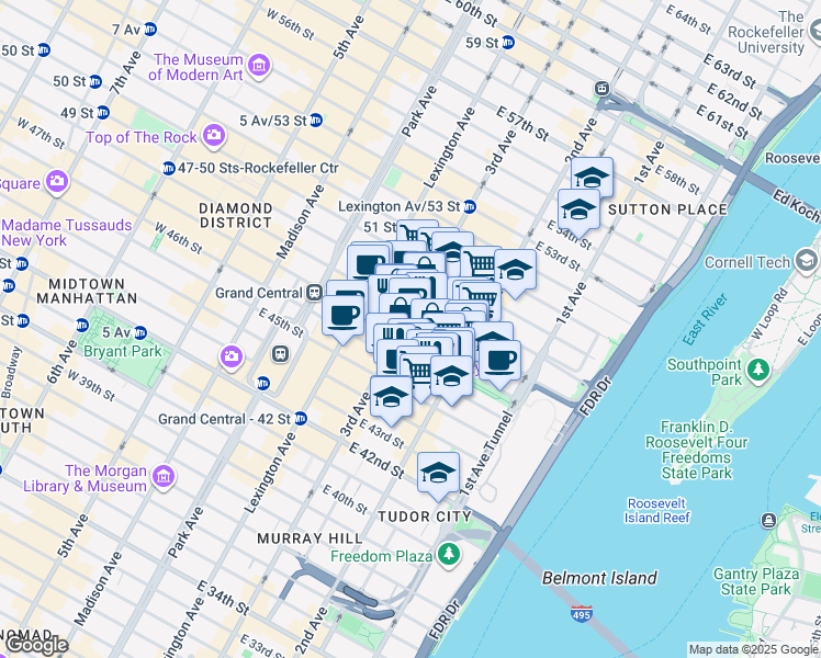 map of restaurants, bars, coffee shops, grocery stores, and more near 240 East 47th Street in New York
