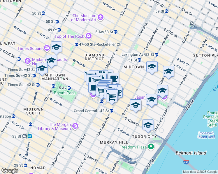 map of restaurants, bars, coffee shops, grocery stores, and more near 89 East 42nd Street in New York