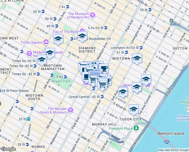map of restaurants, bars, coffee shops, grocery stores, and more near 89 East 42nd Street in New York