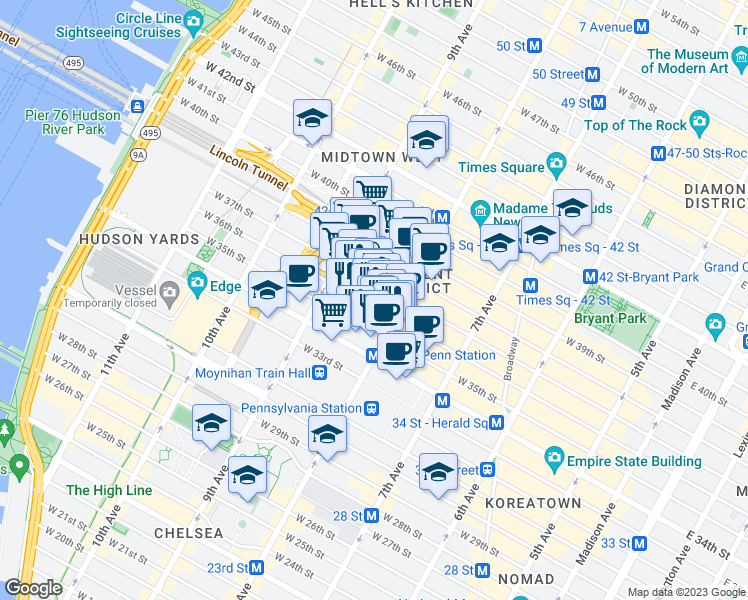 map of restaurants, bars, coffee shops, grocery stores, and more near 314 West 36th Street in New York