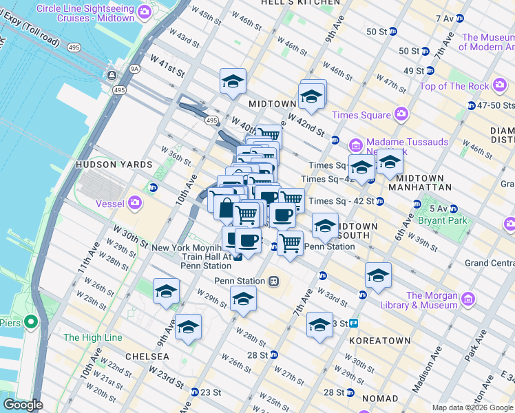 map of restaurants, bars, coffee shops, grocery stores, and more near 370A West 35th Street in New York
