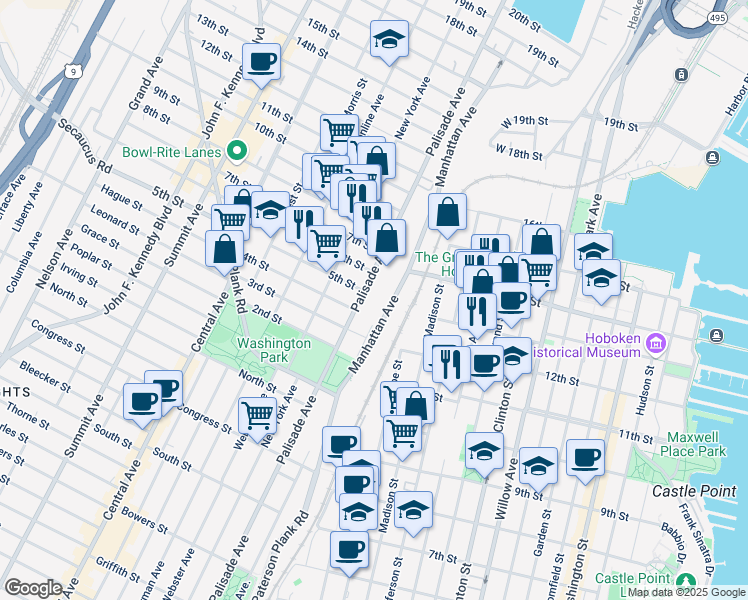 map of restaurants, bars, coffee shops, grocery stores, and more near 318 Palisade Avenue in Union City
