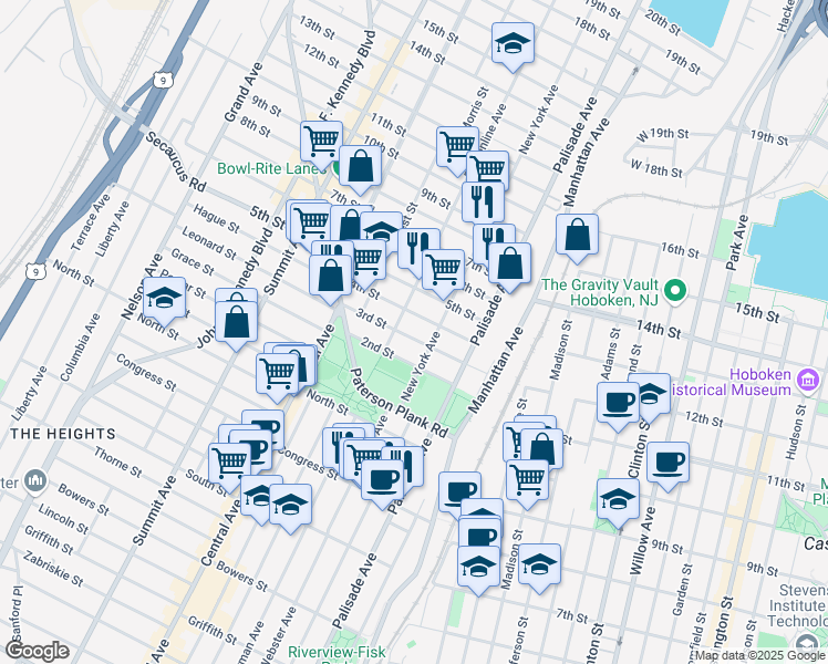 map of restaurants, bars, coffee shops, grocery stores, and more near 305 New York Avenue in Union City