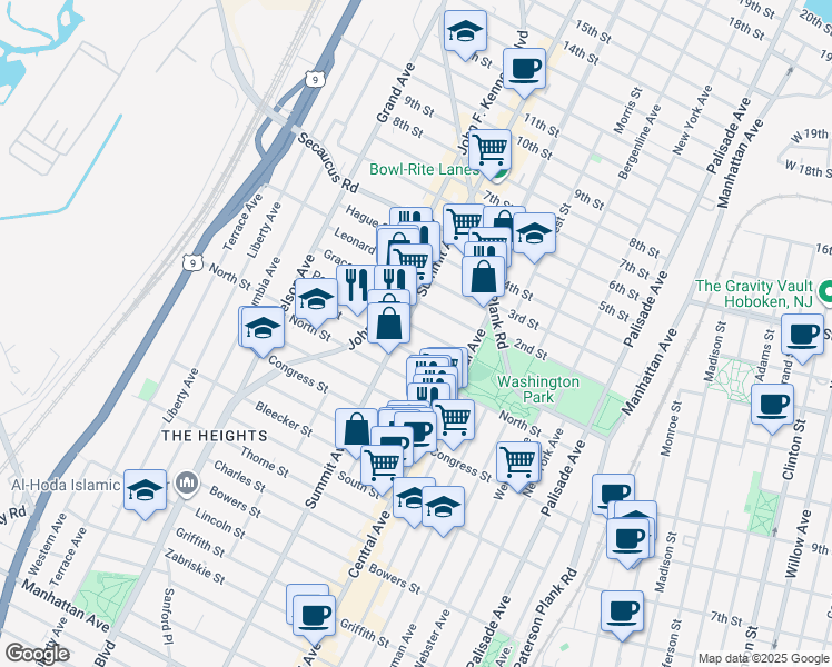 map of restaurants, bars, coffee shops, grocery stores, and more near 34 Irving Street in Jersey City