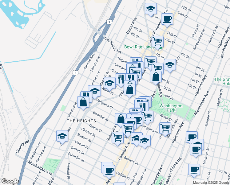 map of restaurants, bars, coffee shops, grocery stores, and more near 3592 John F. Kennedy Boulevard in Jersey City