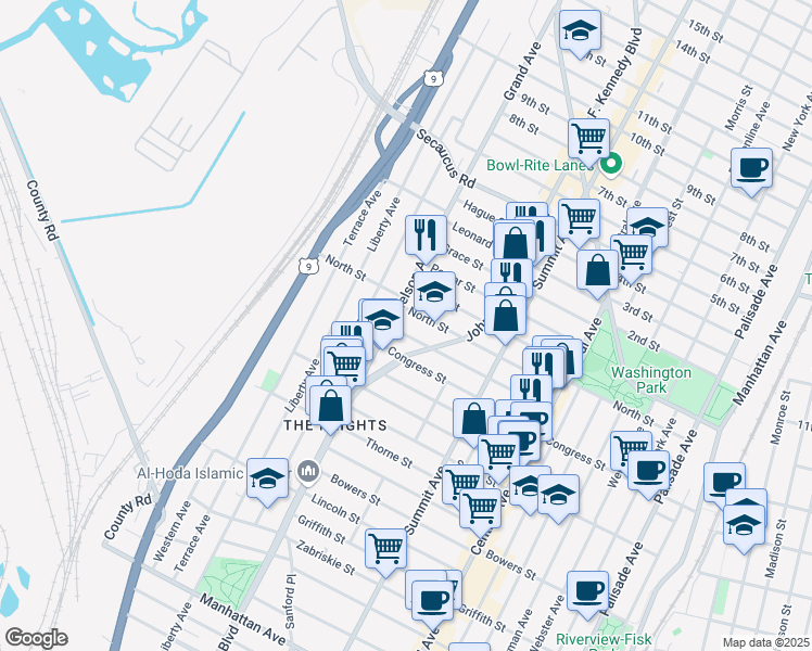 map of restaurants, bars, coffee shops, grocery stores, and more near 105 Graham Street in Jersey City